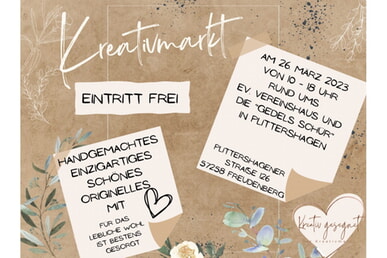 Kreativmarkt 26. M&auml;rz 2023 10-18 Uhr Ev. Vereinshaus und &bdquo;Gedels Sch&uuml;r" Plittershagen