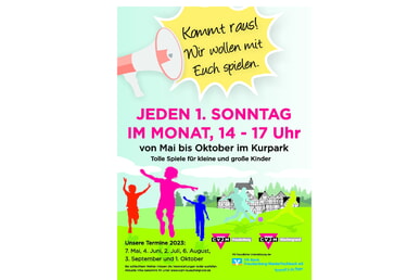 Kommt raus! Wir wollen mit Euch spielen. 7. Mai 2023 14.00-17.00 Uhr Kurpark
