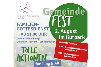 Gemeindefest<br>2. August | 11 Uhr<br>Kurpark, Seelbachsecke 13