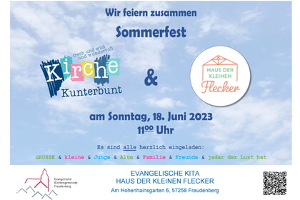 Sommerfest<br>Kirche Kunterbunt gemeinsam mit Haus der Kleinen Flecker<br>18. Juni 11.00 Uhr<br> Haus d. kl. Flecker